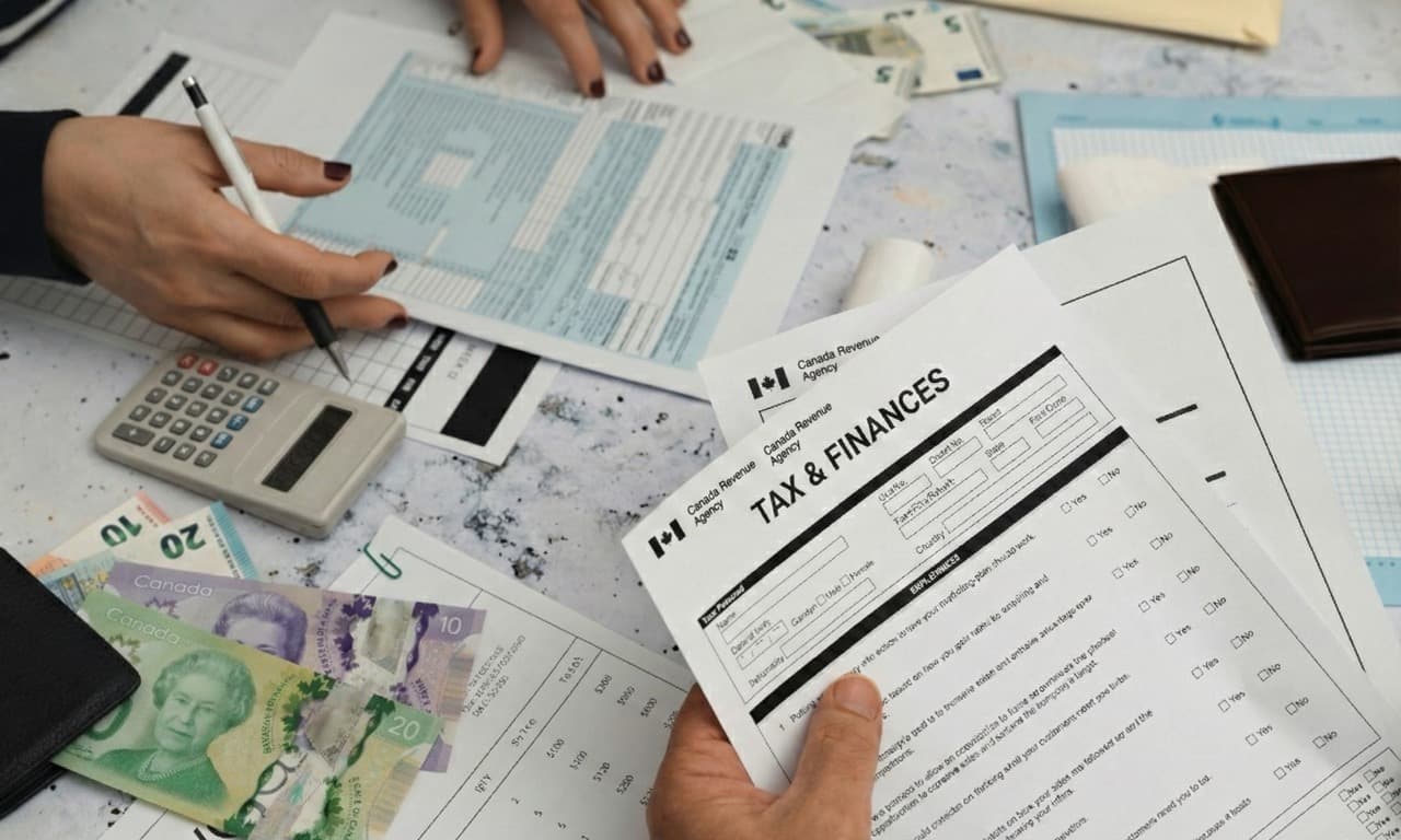 Two persons working on tax returns on a table. One is holding a pen and the other one is holding a CRA tax document.